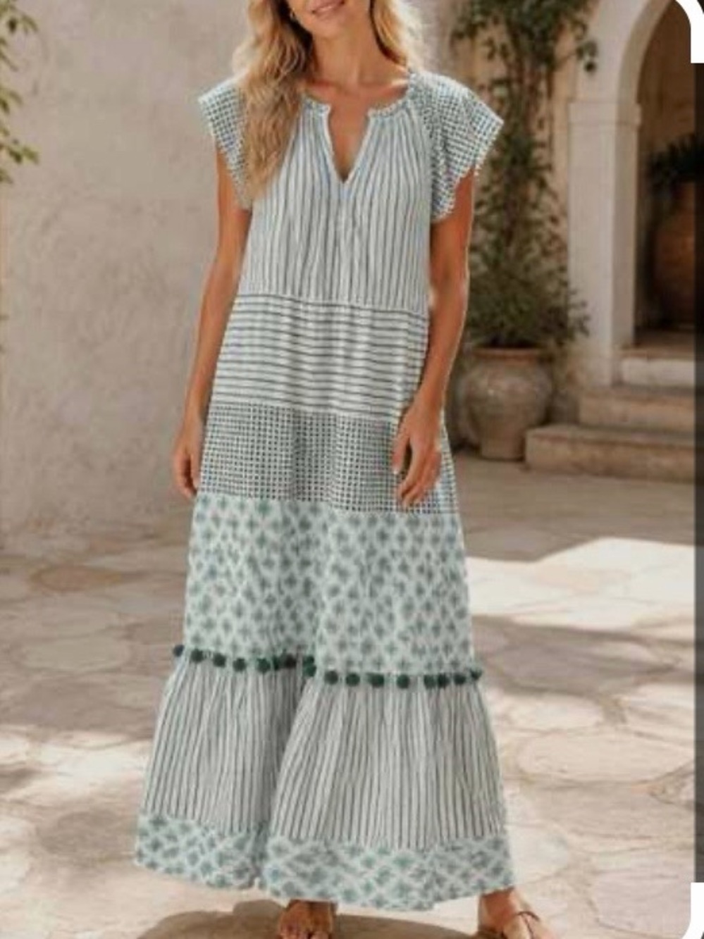 Azemi & Kin at Anthropologie Sage Green Mixed-Print Tiered Maxi Dress